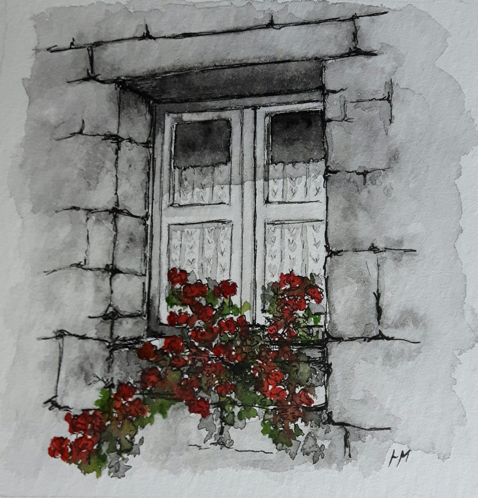 <q>Breton Window</q> - 2019 pen & wash<br>12cm X 12cm<br>External mounted dimensions 20cm X 20cm