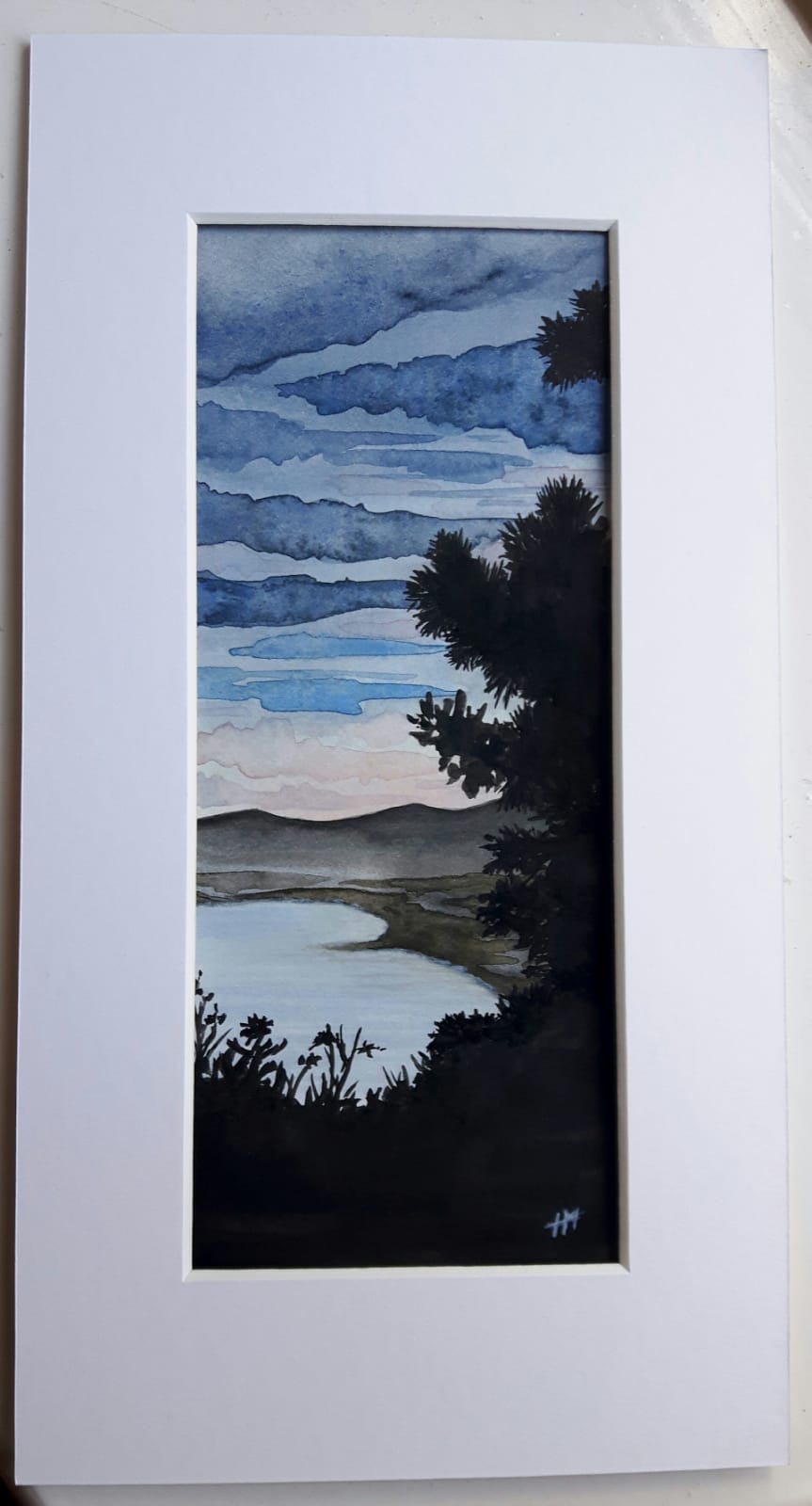 <q>View from Killiney Hill</q> - 2019 watercolour & pen <br>External mounted dimension 13.5cm X 25.5cm