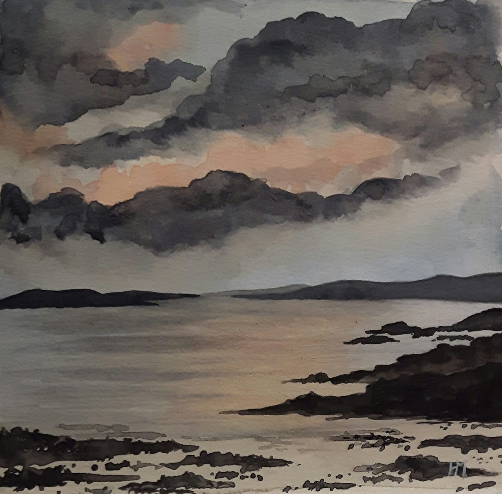 <q>Mannin Bay</q> - 2019 watercolour<br>12cm X 12cm<br>External mounted dimensions 20cm X 20cm