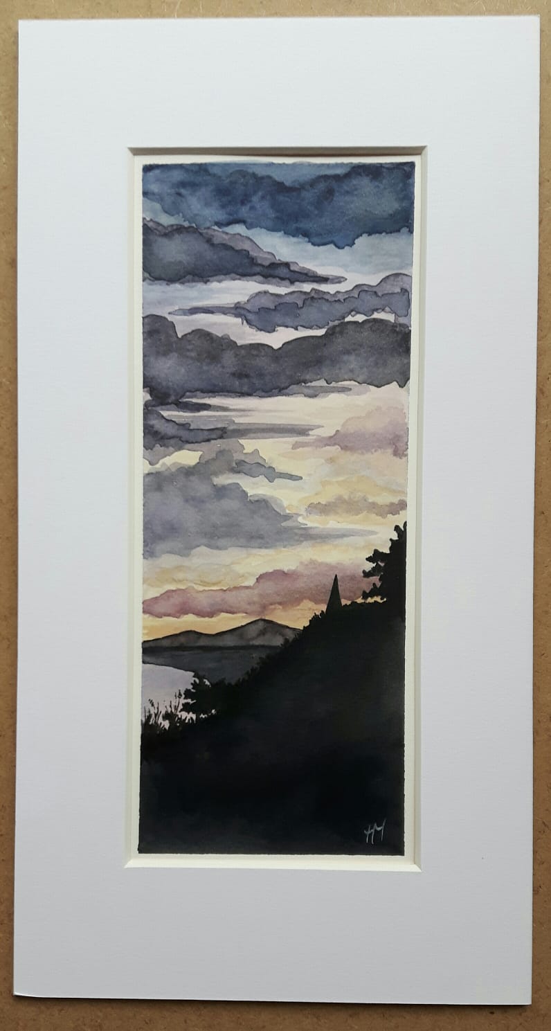 <q>Killiney Hill view</q> - 2019 watercolour & pen<br>External mounted dimension 13.5cm X 25.5cm