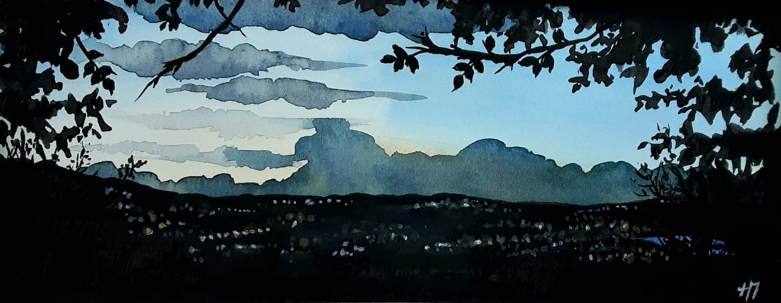 <q>View from Bray Head</q> - 2019 watercolour<br>7.5cm X 18.5cm<br>External mounted dimensions 13.5cm X 25.5cm