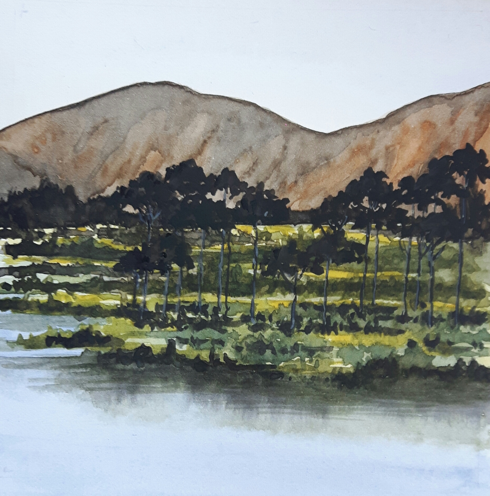 <q>Lough Shindilla, Connemara</q> - 2019 pen & wash<br>12cm X 12cm<br>External mounted dimensions 20cm X 20cm