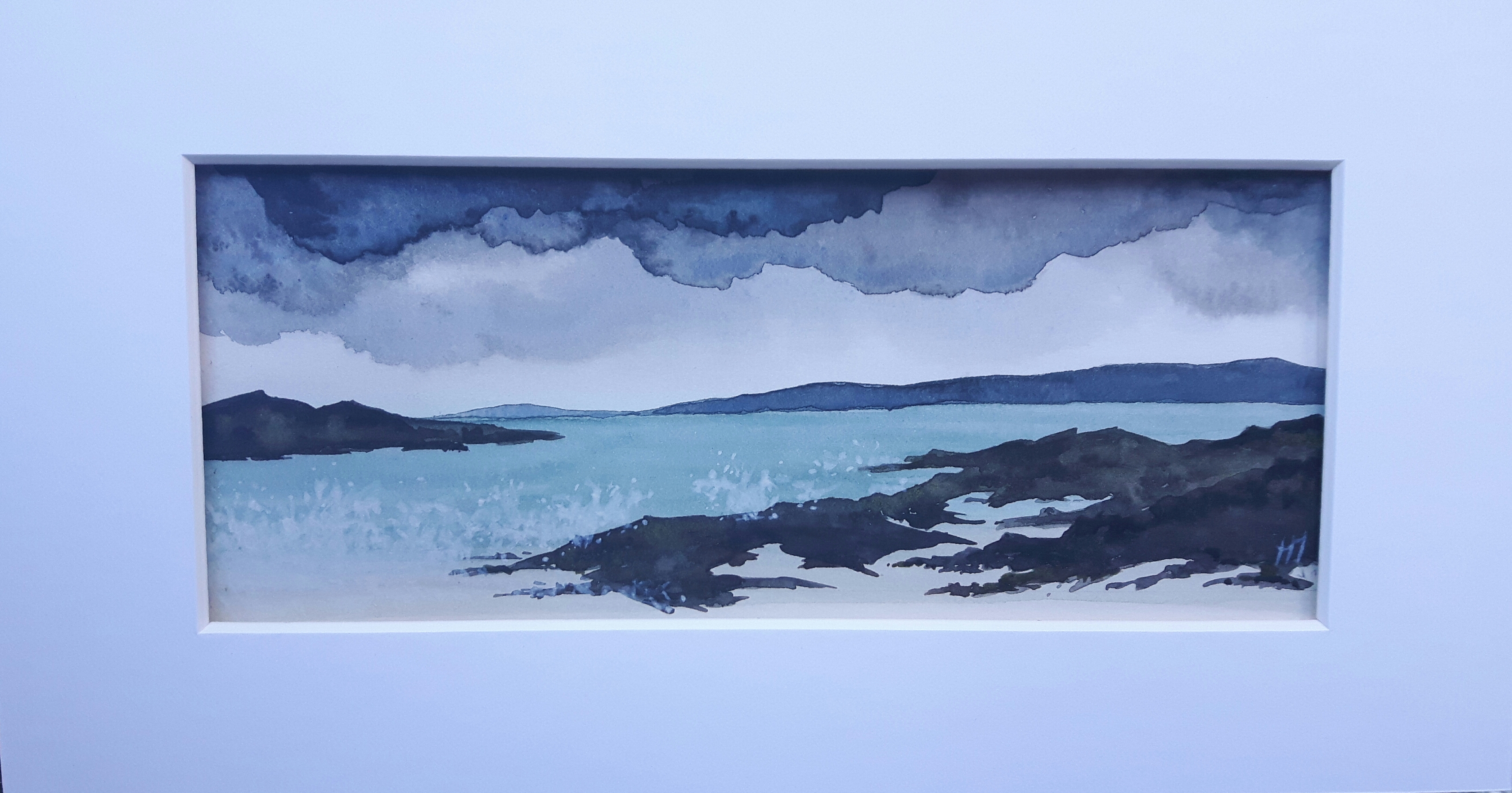 <q>Breton Window</q> - 2019 pen & wash<br>12cm X 12cm<br>External mounted dimensions 20cm X 20cm